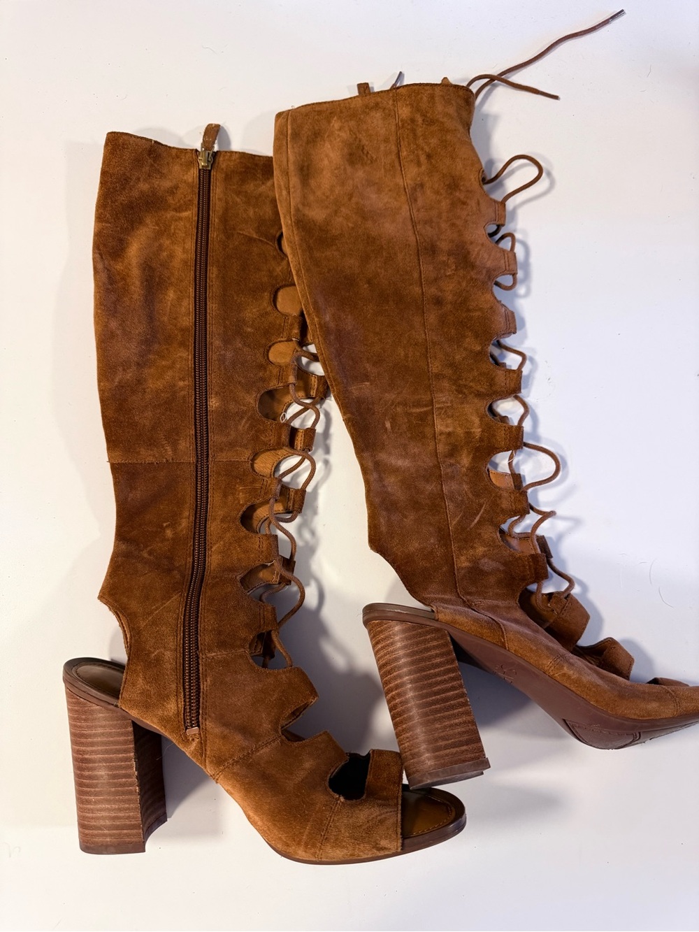 Free people Women’s Brown Suede Lace-Up Peep-Toe Block Heel Boots